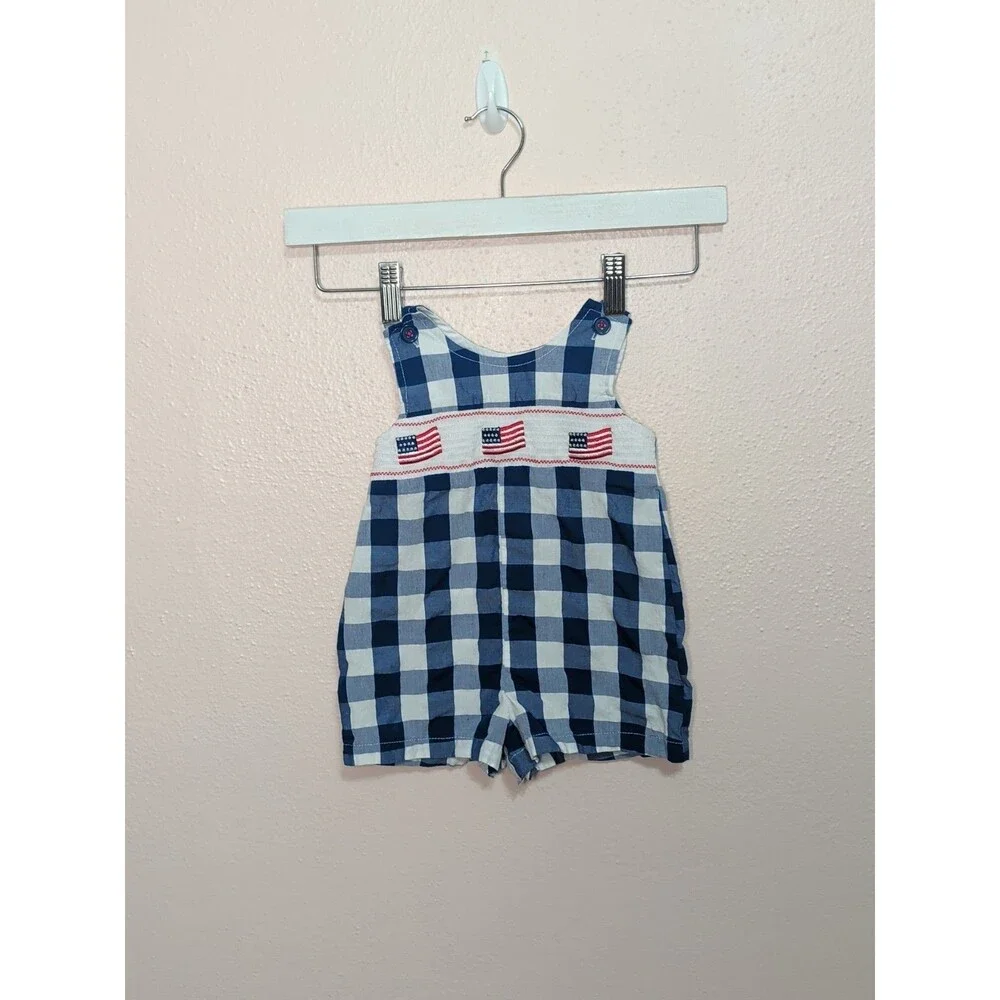 Good Lad Patriotic Flag Smocked Gingham Romper 12 Month - Picture 3 of 9